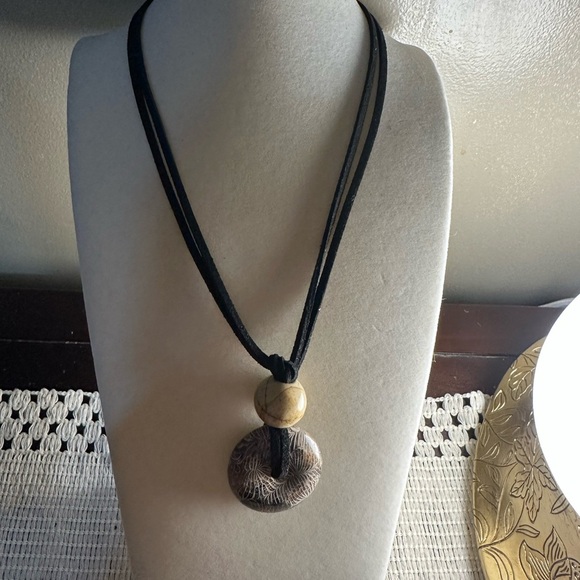 Coral Fossil Donut Pendant Necklace on Black Faux Leather Double Rope - Picture 7 of 14